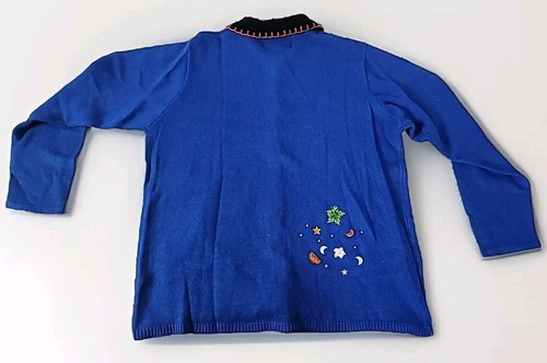 Quater Factory Cardigan Sweater L Blue Halloween Sequins Hats Shoes Moon Stars - Picture 3 of 12
