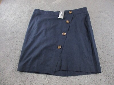 Katies A Line Skirt 18 Elastic Waist Linen Dark Blue Buttons New