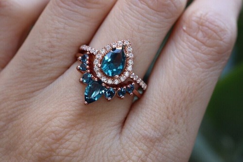 2 Ct Pear Cut Simulated Blue Topaz Wedding Bridal Ring Set 14K Rose Gold Plated - Picture 4 of 4