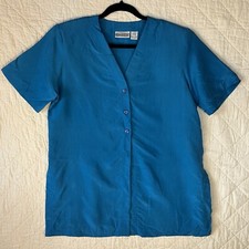 Christie And Jill Womens Blouse Blue Button Up Short Sleeve 100 Silk VTG SZ L