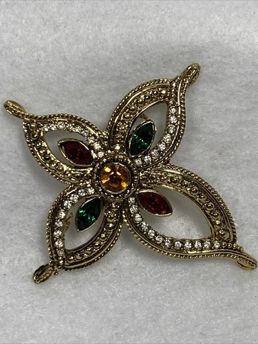 Vintage Gold Tone Multicolor Rhinestone Maltese Cross Pin Brooch Unsigned - Picture 2 of 7