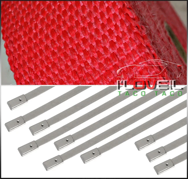 30Ft Header Turbo Manifold Insulation Heat Wrap Cover + Zip Ties Set Red Foto 3 de 3