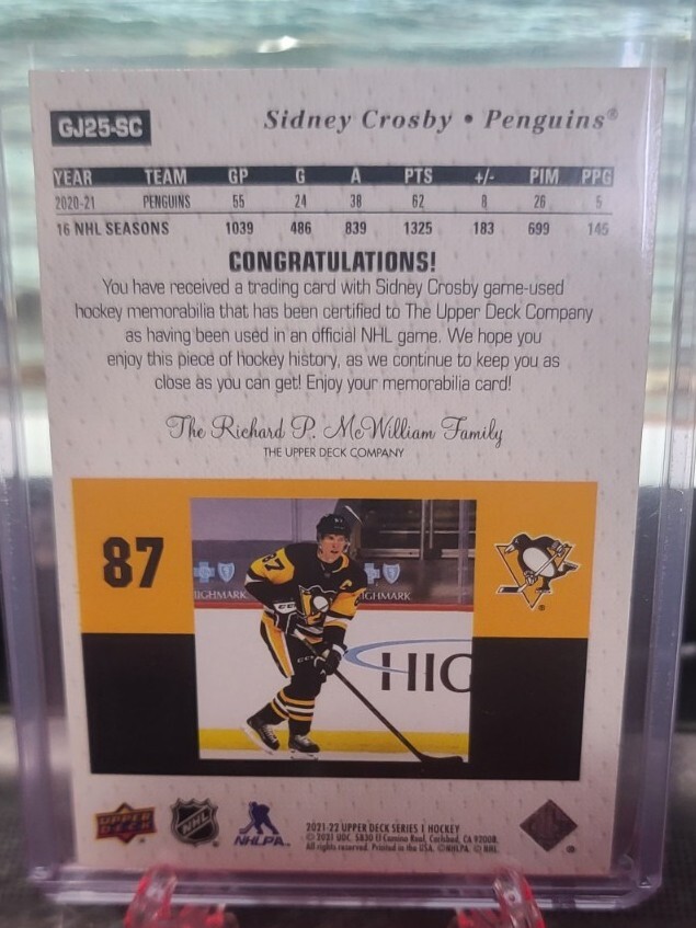 SIDNEY CROSBY 21-22 UD Series 1 96-97 Retro Game Used Patch