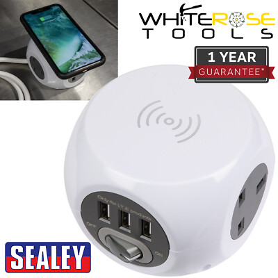 Sealey Verlängerungskabel Kabel 1,4m 3 x 230V 3 x USB Steckdosen kabelloses Ladepad