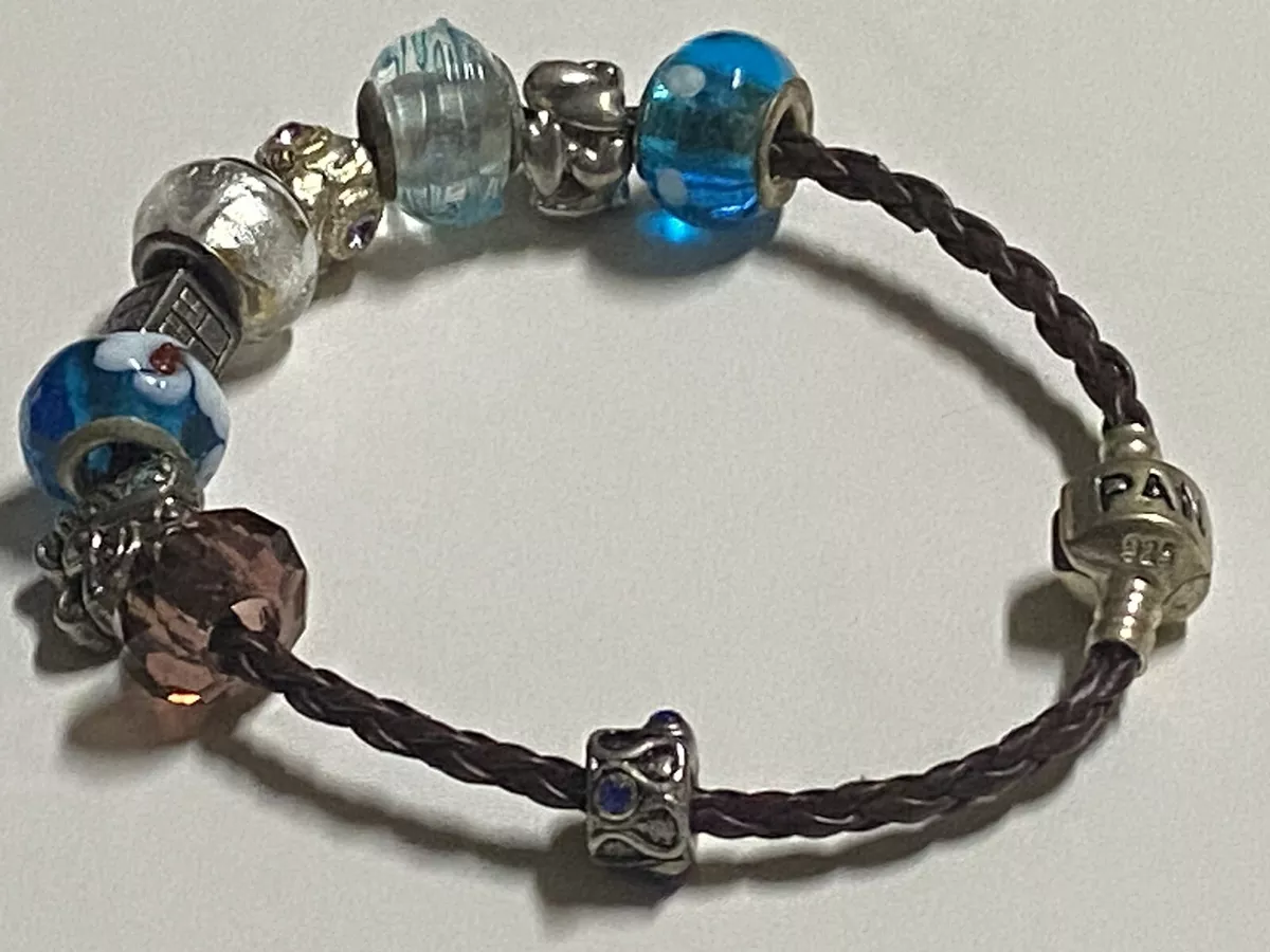 Pandora brown leather charm bracelet with sterling silver. eBay