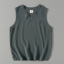 Hot Men's V-Neck Simple Basic Vest Cotton Linen Soft Breathable Waistcoat Tops