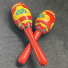  Set of 2  4  Wooden Maracas Painted Fiesta Instrument Small Toy