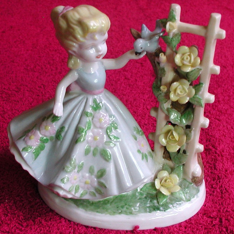 Lefton (Girl in Blue Dress & Blue Bird &Trellis KW1700) 4 3/4" FIGURINE Exc
