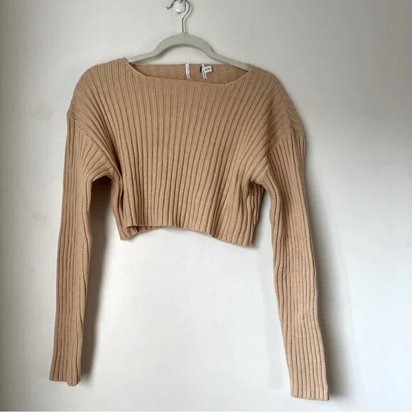 Princess Polly Alivia Beige Cropped Knit Sweater S/M