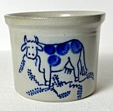 Vintage 1994 David Eldreth Crock, Salt Glaze Pottery, Cow, Blue on Gray 4.75"H