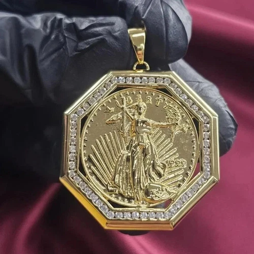 1.50Ct Round Cut Lab Created Liberty Coin Pendant 14K Yellow Gold Plated