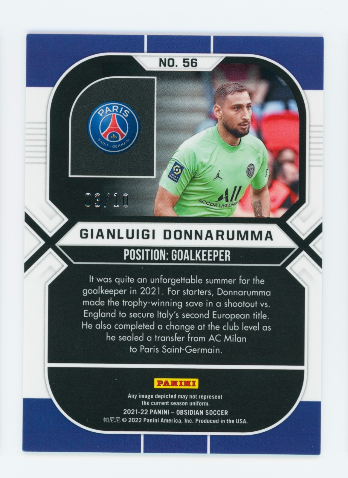 2021-22 Gianluigi Donnarumma Panini Obsidian Yellow PSG Soccer Card 3/10 view 2