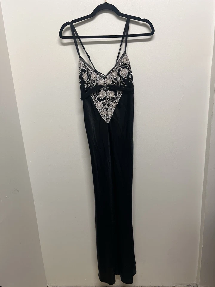 Maxi Vestido Sin Mangas Vintage Negro Satinado Encaje Bruja Capricho Coqueta Vestido Talla L Foto 2 de 4