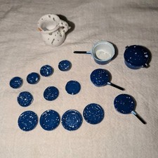 Dollhouse Miniatures Blue Speckled Enamelware Pans Plates Bowls Lot Ceramic Jar