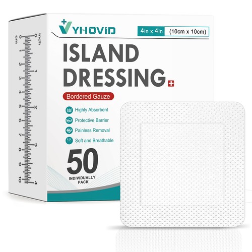 50 Stück Island Dressing umrandet Gaze 4" x 4", Mullbinden einzeln verpackt...