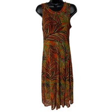 Karen Kane Tropical Palm Leaf Mesh Midi Dress Orange Green Petite Medium MP