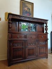 Vintage Old Charm Court Cupboard Tudor Brown Solid Oak Wood Bros.