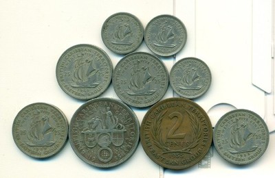 9 DIFFERENT COINS.BRITISH EAST CARIBBEAN TERRITORIES.4 DENOMINATIONS..7 w/ SHIPS