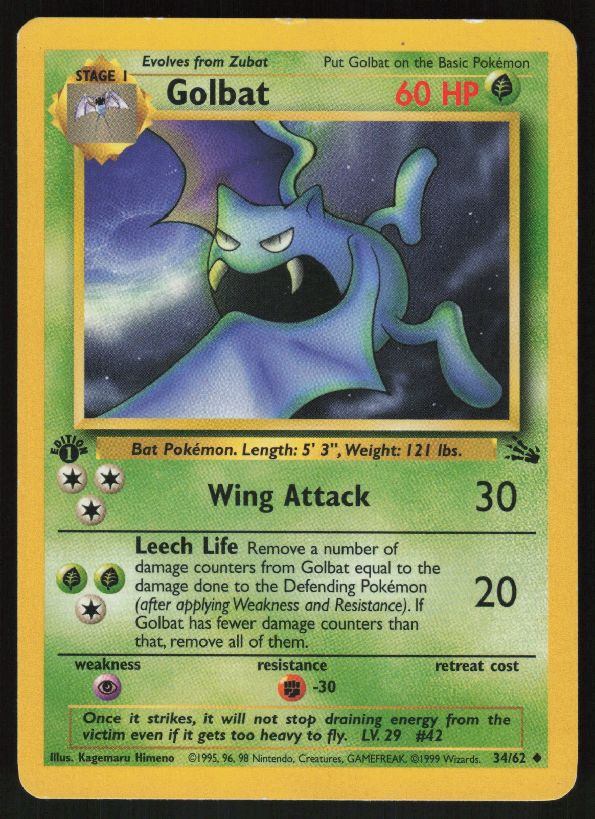 Pokemon Golbat Uncommon 1st Edition Fossil 34/62 NM