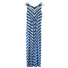 Tommy Bahama Blue White Striped Sleeveless V-Neck Cinch Coastal Beach Maxi Dress