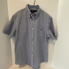 Ralph Lauren Seersucker Slim Fit Men's Blue Check Short Sleeve Shirt Size L