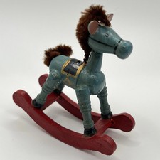 1970s Taiwan Handmade Teal Rocking Horse Christmas Ornament Hand Painted Wood