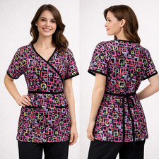 UA Scrubs Retro Geometric Print Wrap Style Scrub Top Black Pink Medium