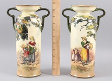 Pair Antique ROYAL DOULTON Art Pottery Seriesware THE GLEANERS Handled Vases, NR