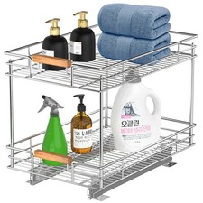 Pull Out Cabinet Organizer 14" W x 21" D , 2 Tier Slide Out Shelves with Wood...