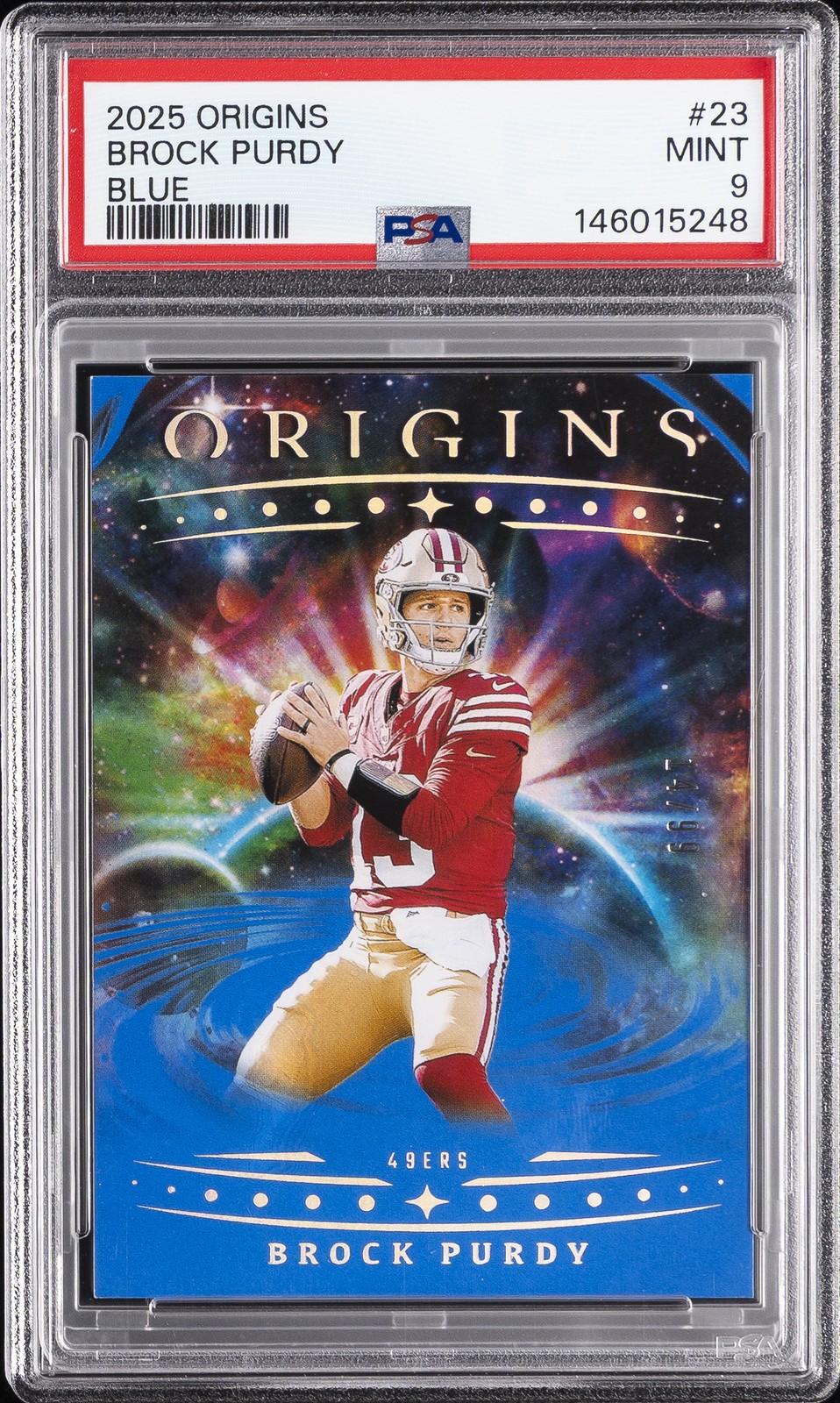 2025 PANINI ORIGINS BLUE #23 BROCK PURDY 14/99 PSA 9