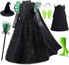 Girls Witch Costume Set 7 Piece Dress Hat Cape Socks Glasses for Halloween Party