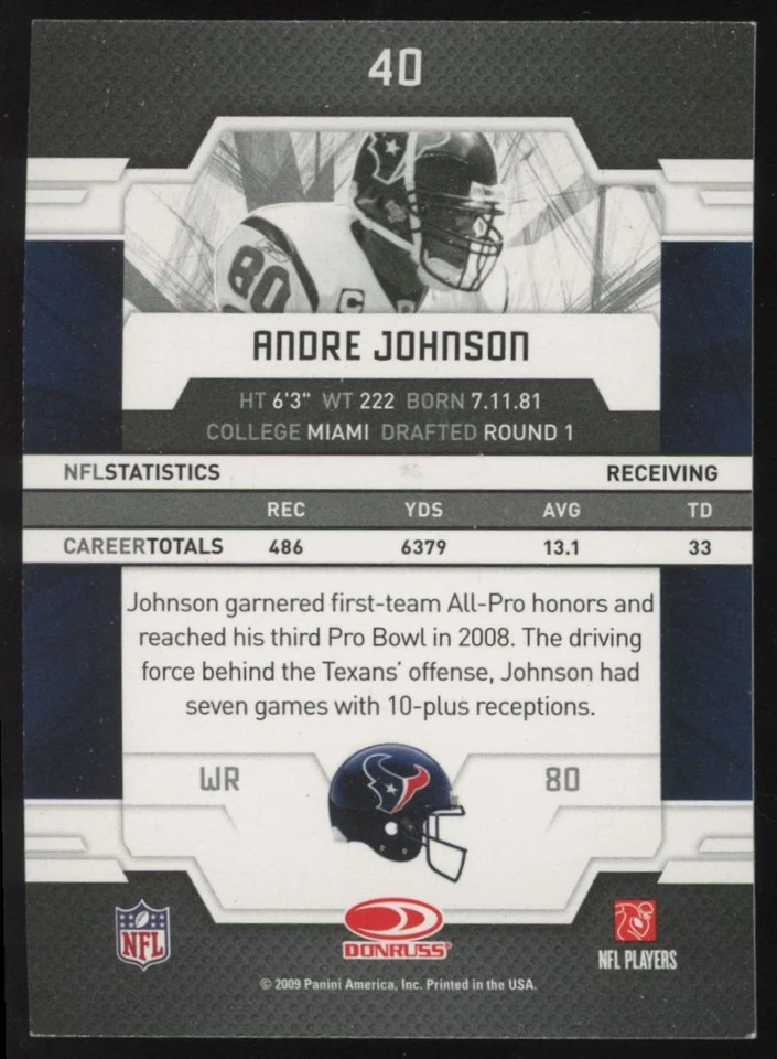 2009 Donruss Elite Andre Johnson Houston Texans #40 - Image 2 of 2