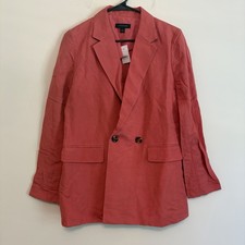 NWT Ann Taylor Double-Breasted Linen Blend Long Blazer Coral Pink Sz 6 Business