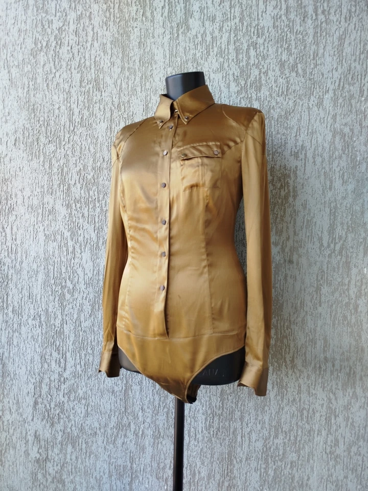Belstaff Gold Label Bodysuit Shirt Long Sleeve Button Up Satin Silk Size 46/L - Изображение 2 из 4
