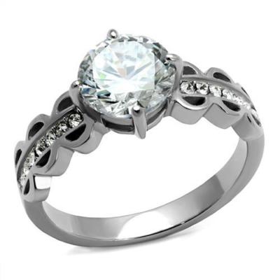 Stainless Steel Engagement Ring Round Cut Cz & Crystal Accents Silver Tone