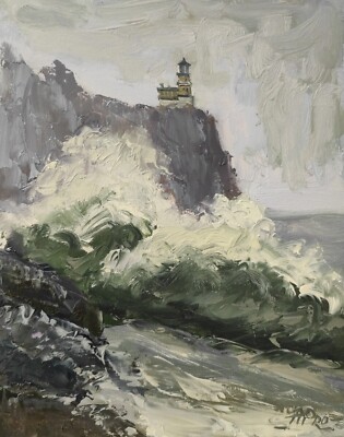 Lake Superior Oil Painting Lighthouse Original Art Seascape Painting 10x8 in