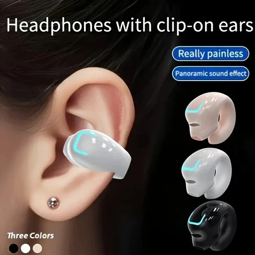 Wireless Clip-On Earbud Over Ear &Phone Control Smartphones Rechargeable Black