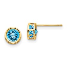 Real 14kt Yellow Gold 5mm Blue Topaz Bezel Set Stud Earrings