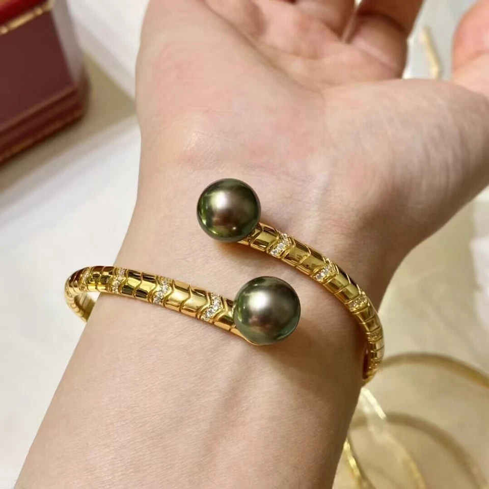 stunning 10-11mm tahitian round black green pearl bracelet (t) - Image 3 of 3