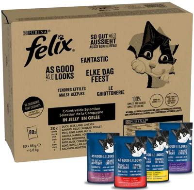 Purina FELIX Katzenfutter 4 Sorten Geflügel & Fleisch Nassfutter in Gelee 80x85g