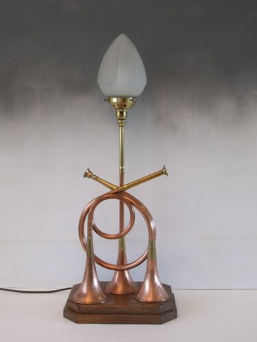 Upcycled 3 Brass Post Horns twisted to make unique lamp with art deco shade