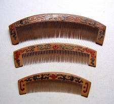 3 wooden hand painted Chinese hair dressing or vanity combs NO US IMPORT FEES
