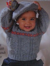 GUERNSEY SWEATER/BERET~ FAIR ISLE~DOUBLE KNITTING PATTERN SIZE 6-12 MONTHS (BDB)