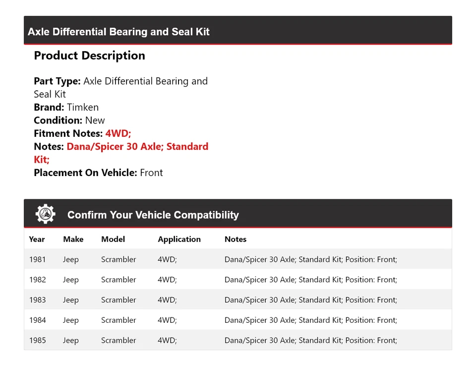For 1981-1985 Jeep Scrambler Axle Differential Bearing and Seal Kit Front Timken - Image 2 of 3
