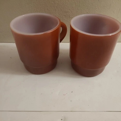 Lot of 2 Anchor Hocking FIRE KING Stacking Coffee  Cup Mugs D Handle Brick  RED