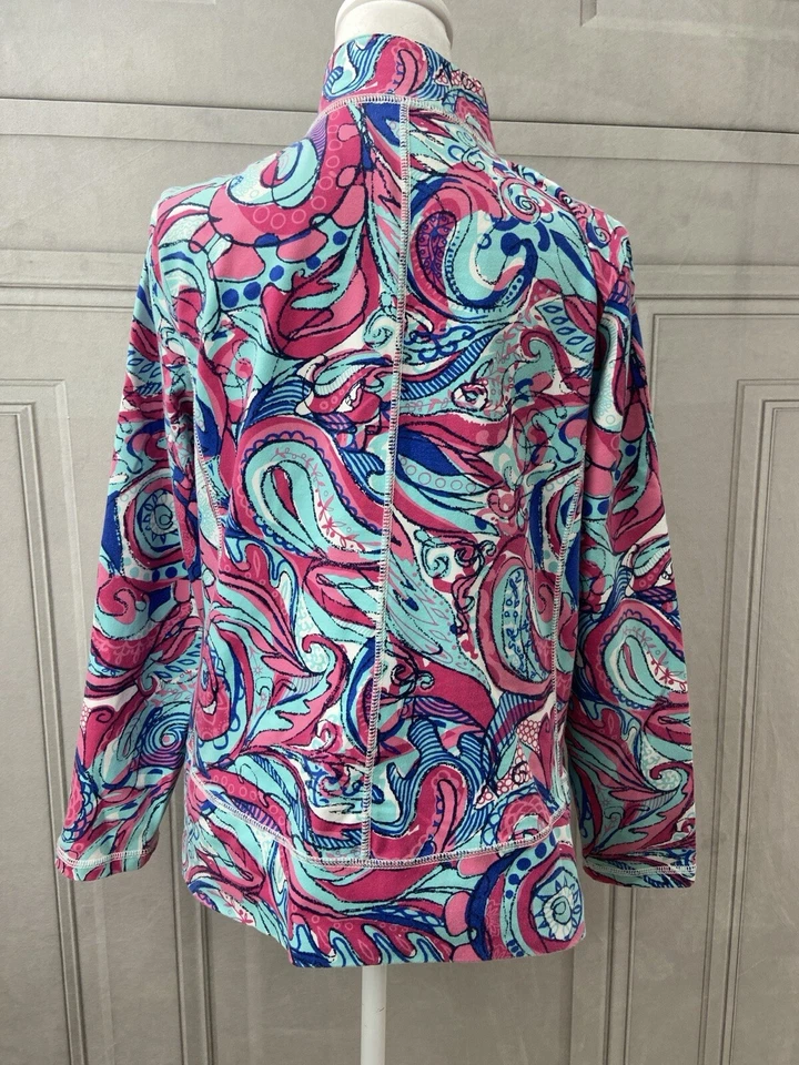 Suéter Talbots Feminino Médio Rosa Azul Paisley Zíper Completo Casual Bolsos Externos - Imagem 3 de 4