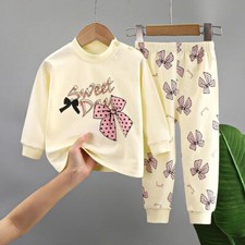 Kids Pyjama Outfit Set Girls Hoodie Pants Bow Tie Winter Baby Clothes Cute New