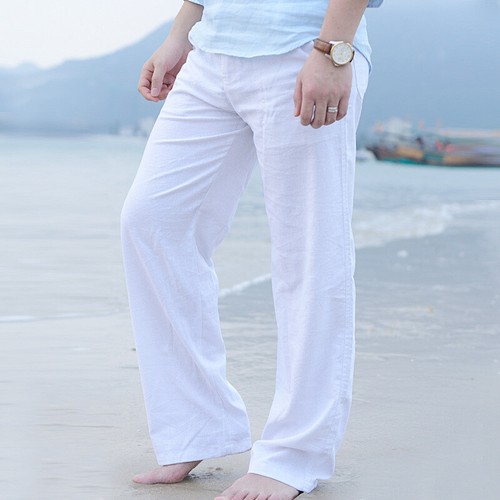 Pantaloni Uomo Estate Spiaggia Vacanze Casual Lino Cotone Gamba Dritta MER  Loose Pantaloni Lunghi | eBay