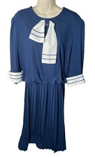 Kathy J Dress Grandmacore Blue White 3/4 Sleeves Ribbon Bow Midi Pleated Vintage
