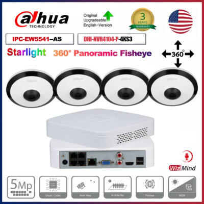 Dahua 4CH NVR 5MP 360° Fisheye IP Camera Panoramic Starlight Mic PoE Alarm Lot